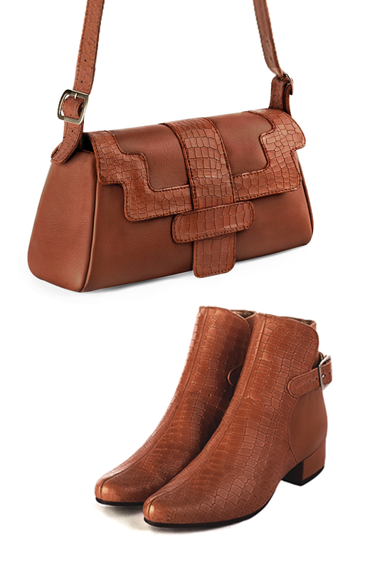 Terracotta orange women's dress handbag, matching pumps and belts. Worn view - Florence KOOIJMAN